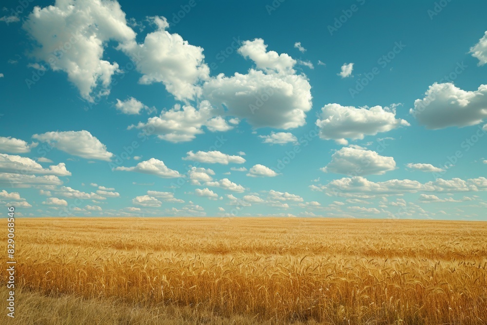 A wide field of golden wheat under the blue sky with white clouds, with an open road leading to the distance, in the style of high definition photography. A wide field of golden wheat under the blue sky with white clouds, with an open road leading to the distance, in the style of high definition photography.