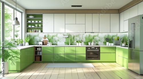 Modern green kitchen interior featuring a two-tone design with green lower cabinets and white upper cabinets, modern appliances photo