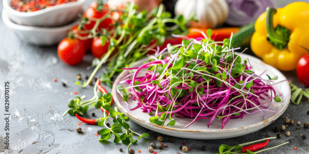 Fresh salad with microgreens and vegetables on a white plate. Fresh salad with microgreens and vegetables on a white plate.