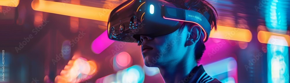 Man immerses in virtual reality with a VR headset. Man immerses in virtual reality with a VR headset.