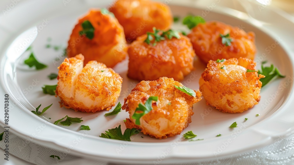 Tasty fried scallops presented on a white plate with room for adding text Tasty fried scallops presented on a white plate with room for adding text