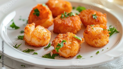 Tasty fried scallops presented on a white plate with room for adding text