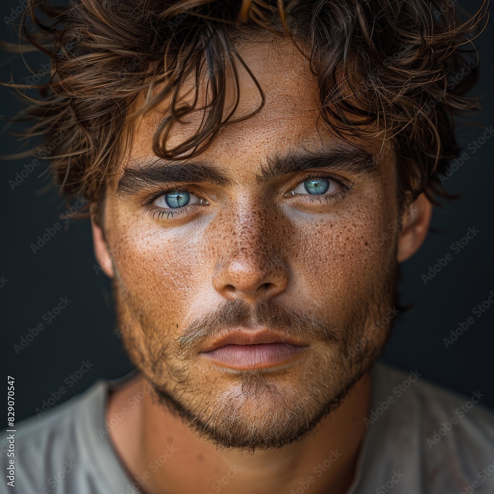 Portrait of 1 young man of model appearance on a plain gray background in a photo studio, waist-length portrait with professional model poses and blue eyes Portrait of 1 young man of model appearance on a plain gray background in a photo studio, waist-length portrait with professional model poses and blue eyes