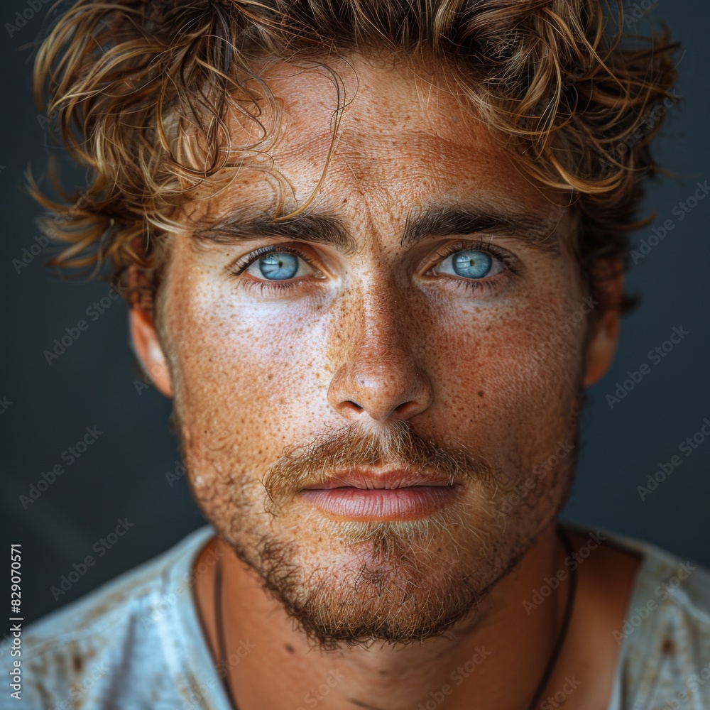 Portrait of 1 young man of model appearance on a plain gray background in a photo studio, waist-length portrait with professional model poses and blue eyes Portrait of 1 young man of model appearance on a plain gray background in a photo studio, waist-length portrait with professional model poses and blue eyes