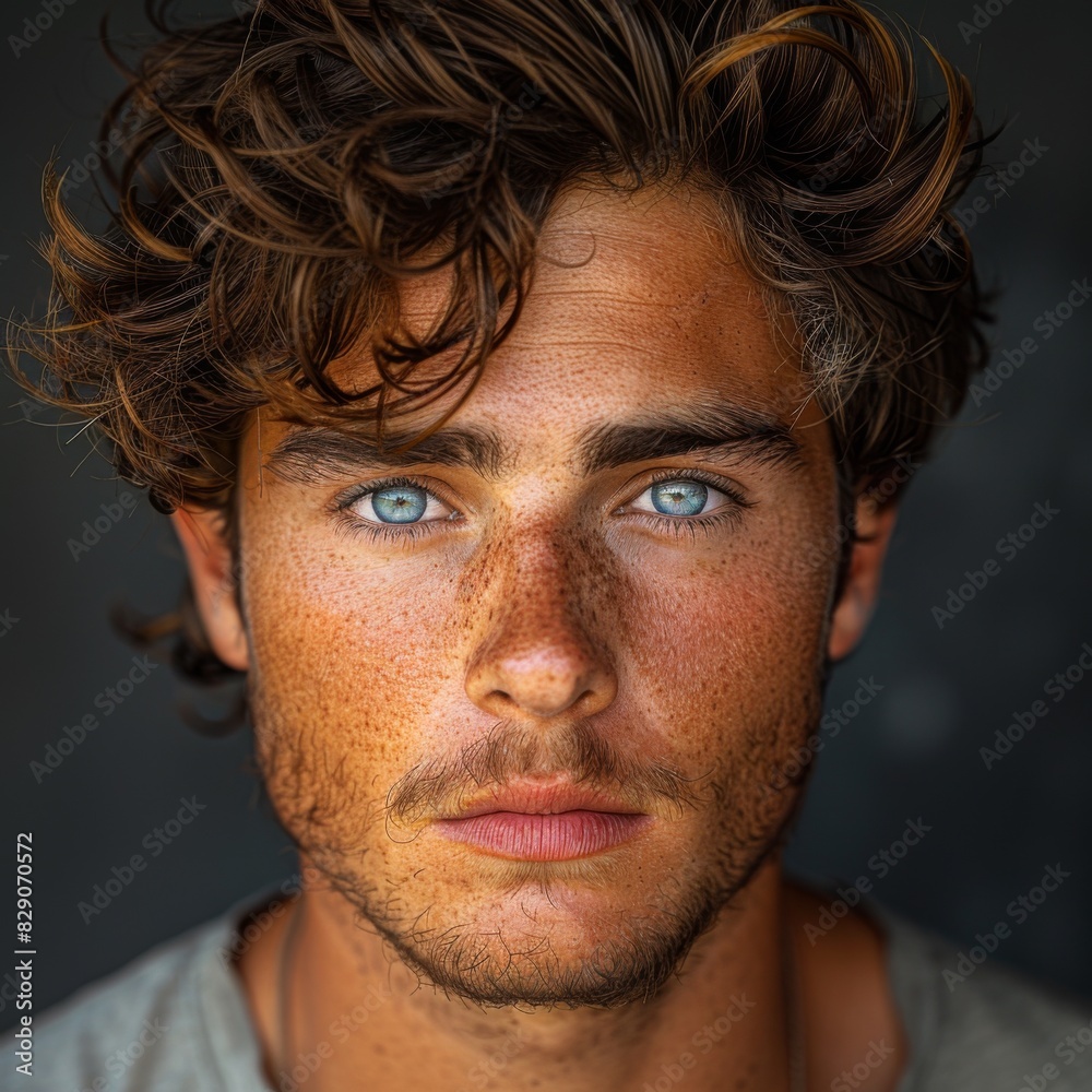 Portrait of 1 young man of model appearance on a plain gray background in a photo studio, waist-length portrait with professional model poses and blue eyes Portrait of 1 young man of model appearance on a plain gray background in a photo studio, waist-length portrait with professional model poses and blue eyes