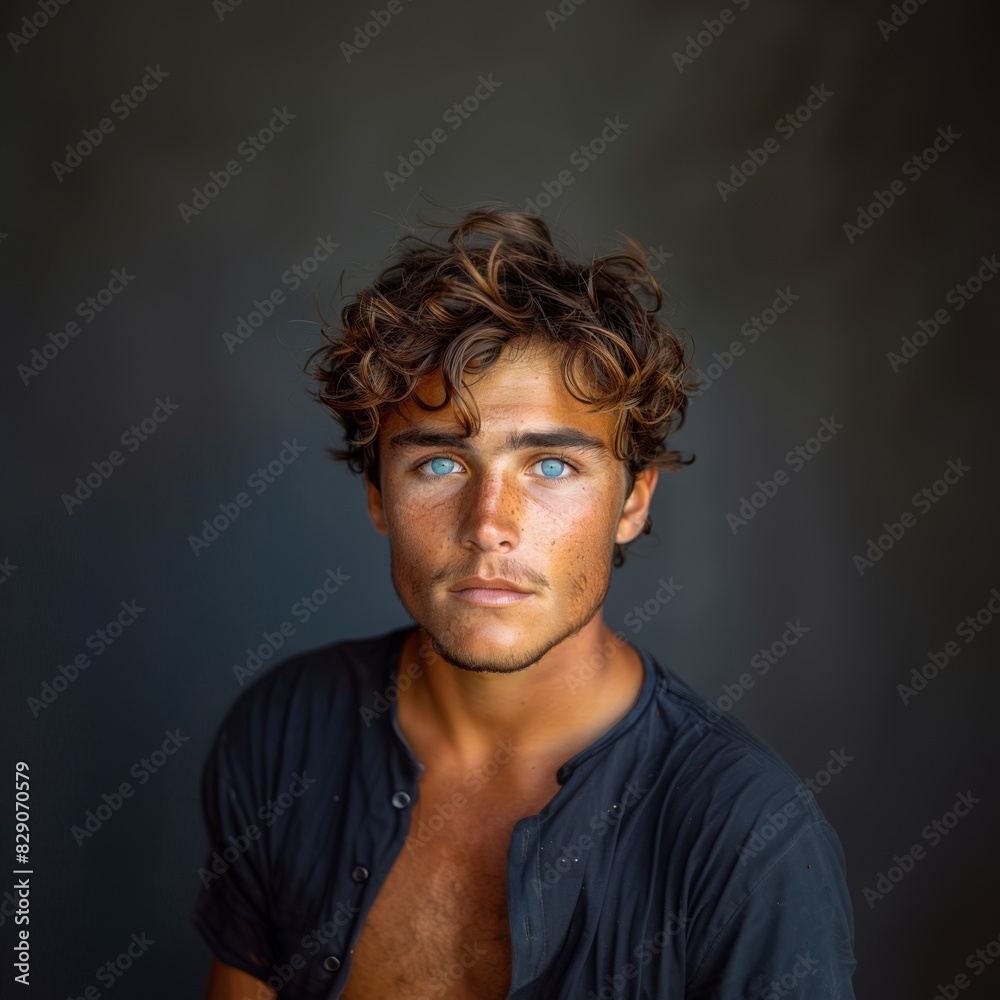 Portrait of 1 young man of model appearance on a plain gray background in a photo studio, waist-length portrait with professional model poses and blue eyes Portrait of 1 young man of model appearance on a plain gray background in a photo studio, waist-length portrait with professional model poses and blue eyes