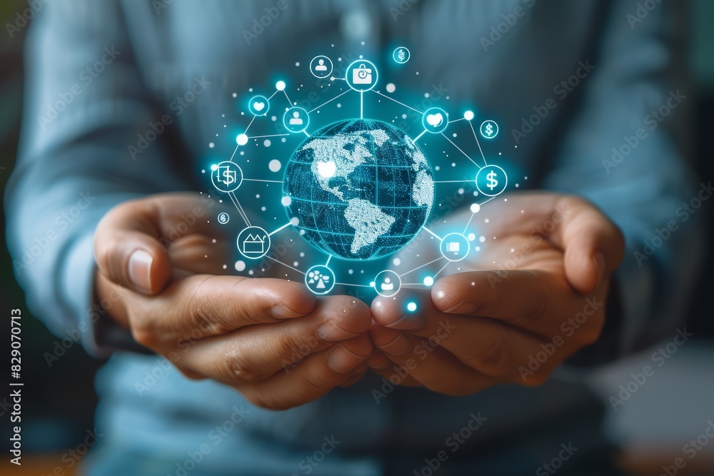 Businessman holding a globe surrounded by financial data and stock market indicators, representing the interconnected nature of global finance, investment strategies, and economic, Generative AI Businessman holding a globe surrounded by financial data and stock market indicators, representing the interconnected nature of global finance, investment strategies, and economic, Generative AI