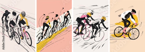 Collection of minimal road bike racing poster cover designs. Abstract cycling sports background