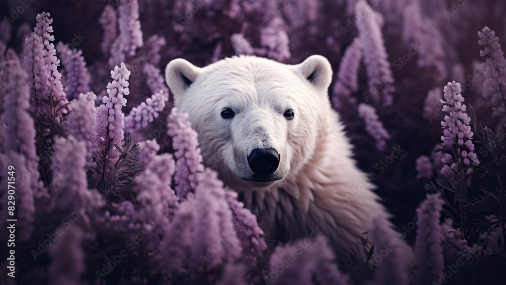 Majestic Polar Bear Amidst Vibrant Purple Lavender Flowers



