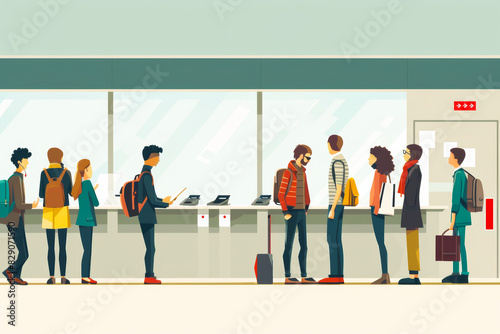 A group of passengers waiting in line at the airport checkin counter with their luggage