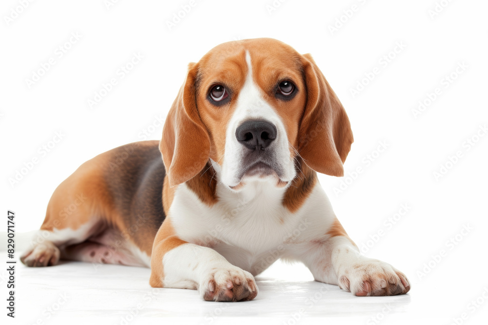 Adorable Beagle Dog Lying Down on a White Background. Loyal companion with playful nature