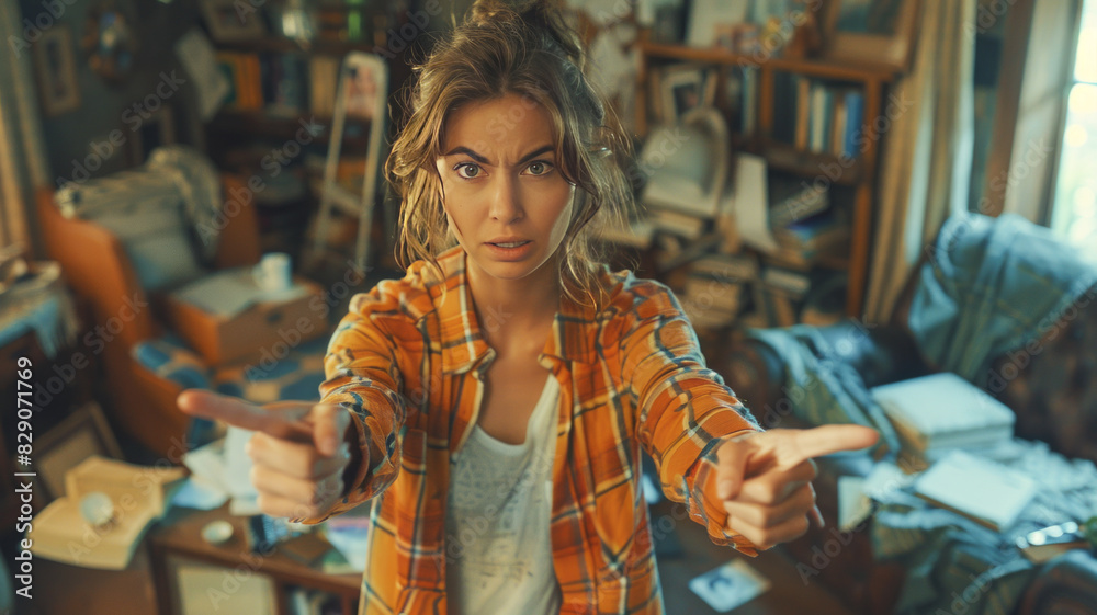 a very furious mother standing in a messy living room afterparty and pointing finger,generative ai a very furious mother standing in a messy living room afterparty and pointing finger,generative ai