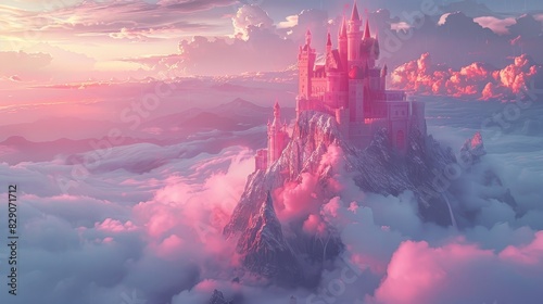 Majestic pink castle on mountain landscape photo