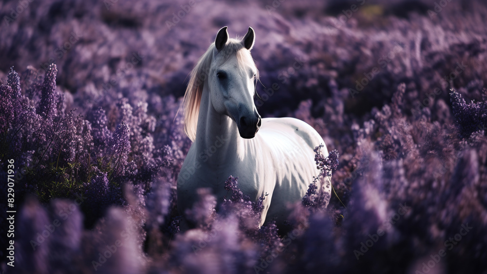 Majestic White Horse Standing Amidst Vibrant Purple Lavender
Majestic White Horse Standing Amidst Vibrant Purple Lavender