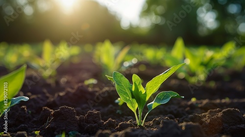 Close-up of young green plants growing in rich soil, bathed in warm sunlight. The image highlights the early stages of growth and the promise of a fruitful harvest. photo