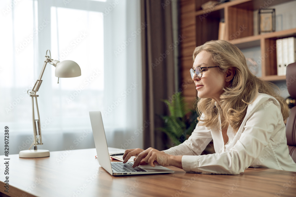 Fototapeta premium Elegant female psychologist working in modern office using portable computer