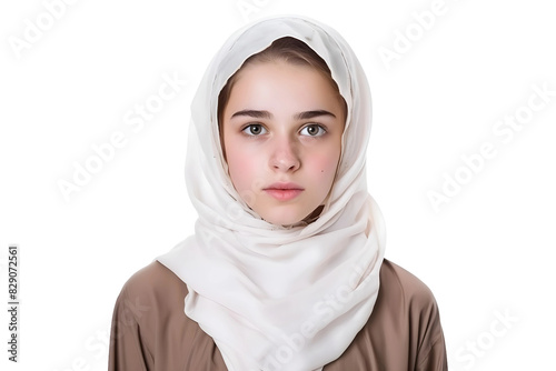 Young beautiful teenage Muslim girl in traditional dress, hijab wearing teen girl isolated isolated on transparent background
