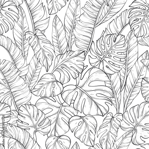 Seamless pattern with outline leafs of monstera