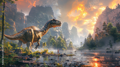 hyper-realistic shot of A sweeping panoramic view of a lush, prehistoric landscape teeming with a diverse array of dinosaur species – from towering sauropods to nimble raptors photo