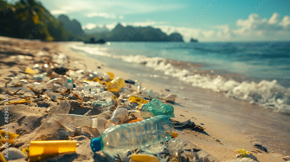 Sandy beach covered with plastic waste and bottles, emphasizing marine pollution and environmental damage. Clear blue sea and distant mountains in the background.