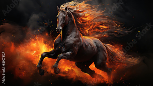 Majestic Black Horse Charging Through Fiery Inferno 