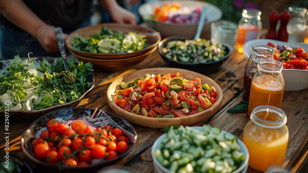 A variety of fresh salads and vegetables are displayed on a wooden table. The vibrant colors and assortment of dishes suggest a healthy, outdoor meal setting.
