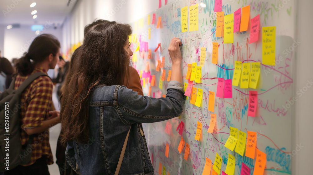 Friends gathered around a whiteboard filled with colorful post-it notes and ideas. Dynamic and dramatic composition, with cope space Friends gathered around a whiteboard filled with colorful post-it notes and ideas. Dynamic and dramatic composition, with cope space