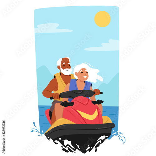 Elderly Couple Exudes Joy While Riding Jet Ski On A Sunny Day, Showcasing Active Senior Lifestyle And Adventure, Vector