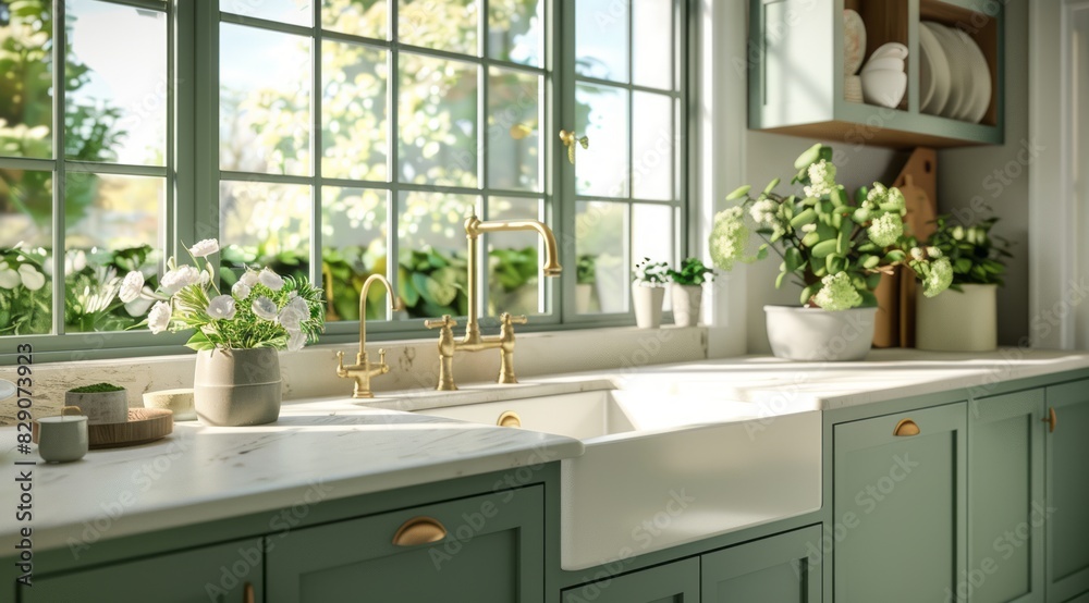 Fototapeta premium Modern green kitchen interior with mint green cabinets, quartz countertops, and a farmhouse sink 