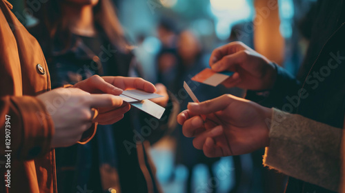 Friends networking and exchanging business cards at a startup event. Dynamic and dramatic composition, with cope space