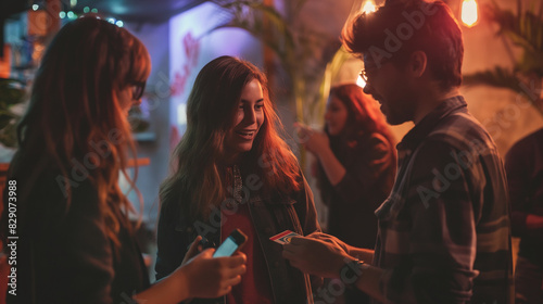 Friends networking and exchanging business cards at a startup event. Dynamic and dramatic composition, with cope space