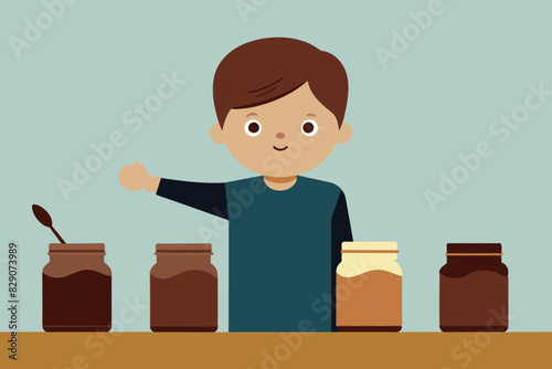 The kid picks up different jars, tasting each chocolate spread. His expressions range from indifference to mild disappointment.