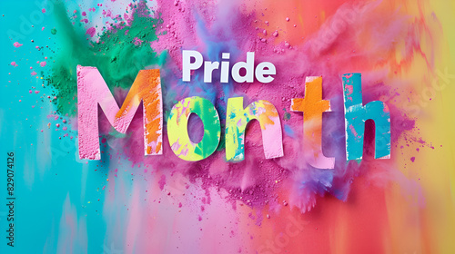 Pride Month text with colorful powder explosion on a blue and pink background, celebrating LGBTQ+ community, with copy space