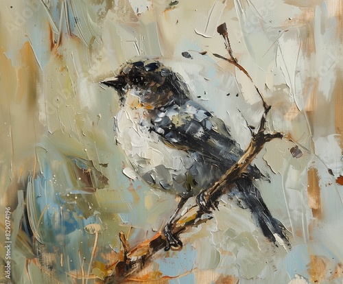 Natural bird background. Oil and watercolor painting. Sparrow, goldfinch, songbird, chickadee, tit, finch songbirds on a branch. Acrylic texture. Modern illustration.