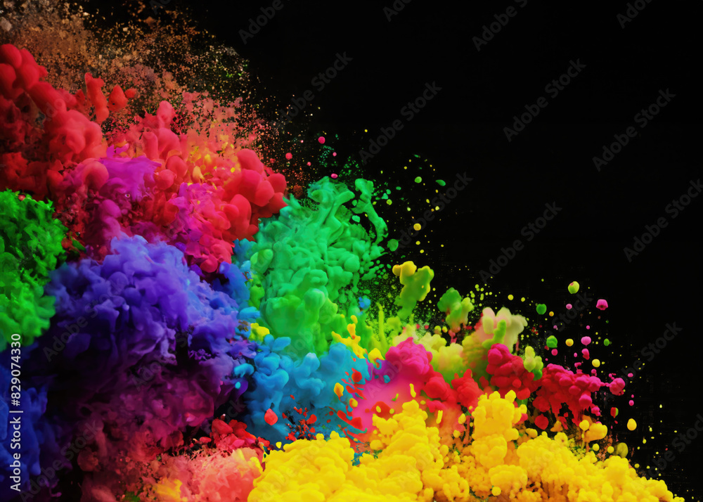 The explosive power of color: bubbles of paint of different hues bursting, bubbling and crumbling on one side, against a black backdrop.
The explosive power of color: bubbles of paint of different hues bursting, bubbling and crumbling on one side, against a black backdrop.
