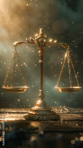 Ornate golden scales of justice in a dark background with haze and golden bokeh, themes of balance and fairness in the legal system. Copy space