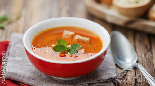 Soup with meat, croutons and vegetables