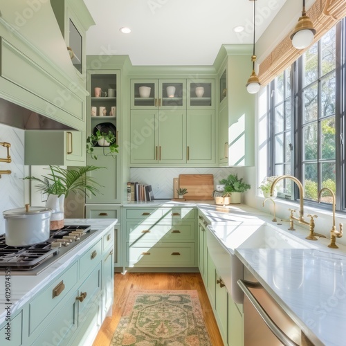 Modern green kitchen interior with mint green cabinets, quartz countertops, and a farmhouse sink