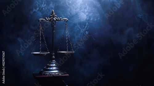 golden scales of justice on a dark blue, mystical with haze and bokeh background with copy space. Law and justice concept.