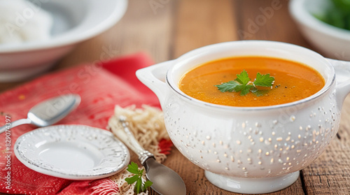 Soup with meat, croutons and vegetables