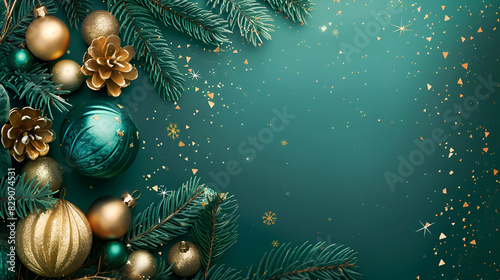 green christmas background frame with christmas tree branches with gold and emerald decorations with confetti and bokeh  copy space