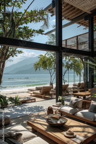A tranquil tropical beach and luxurious open lounge with modern furniture overlooking 