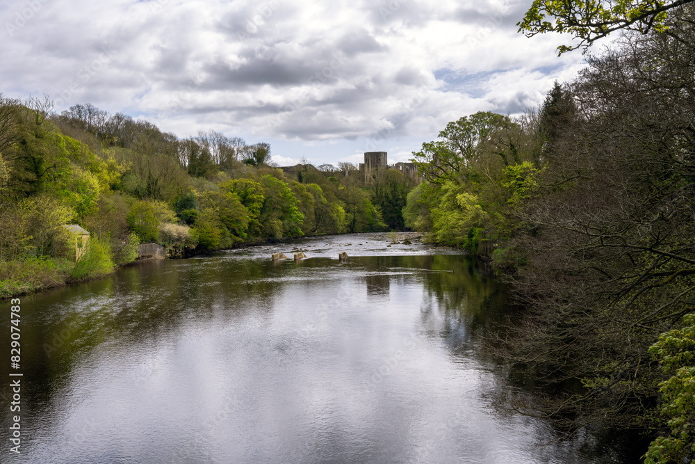 View of Barnard Castle from the river Tees on a cloudy spring day, County Durham, England View of Barnard Castle from the river Tees on a cloudy spring day, County Durham, England