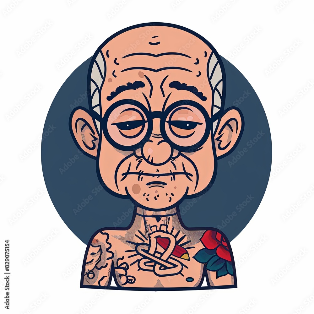 A cartoon man with glasses and tattoos on his chest