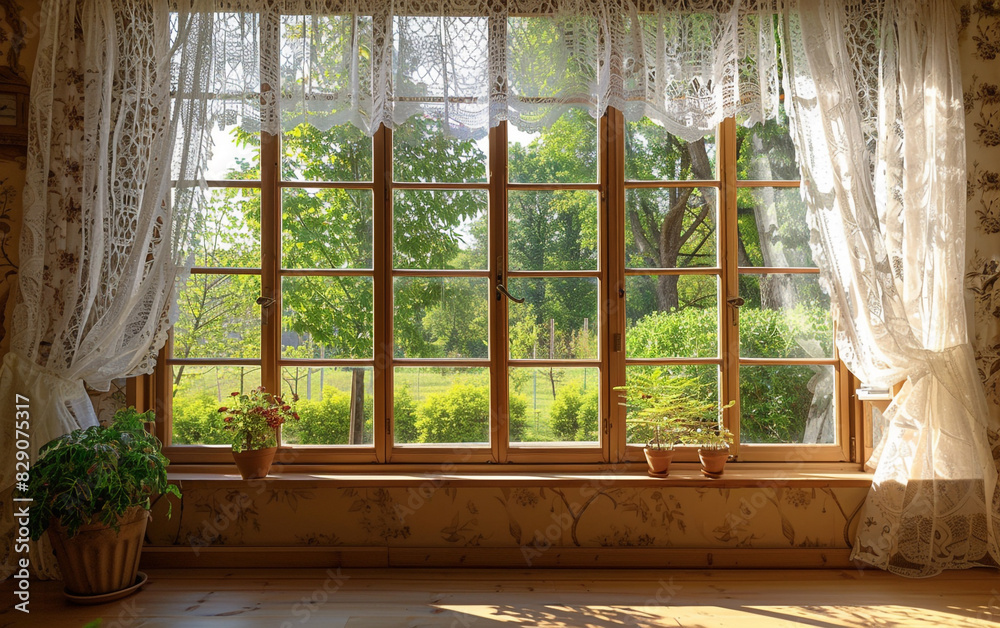A large window with lace curtains hanging from it, French Country style bedroom, gentle natural lighting. A large window with lace curtains hanging from it, French Country style bedroom, gentle natural lighting.