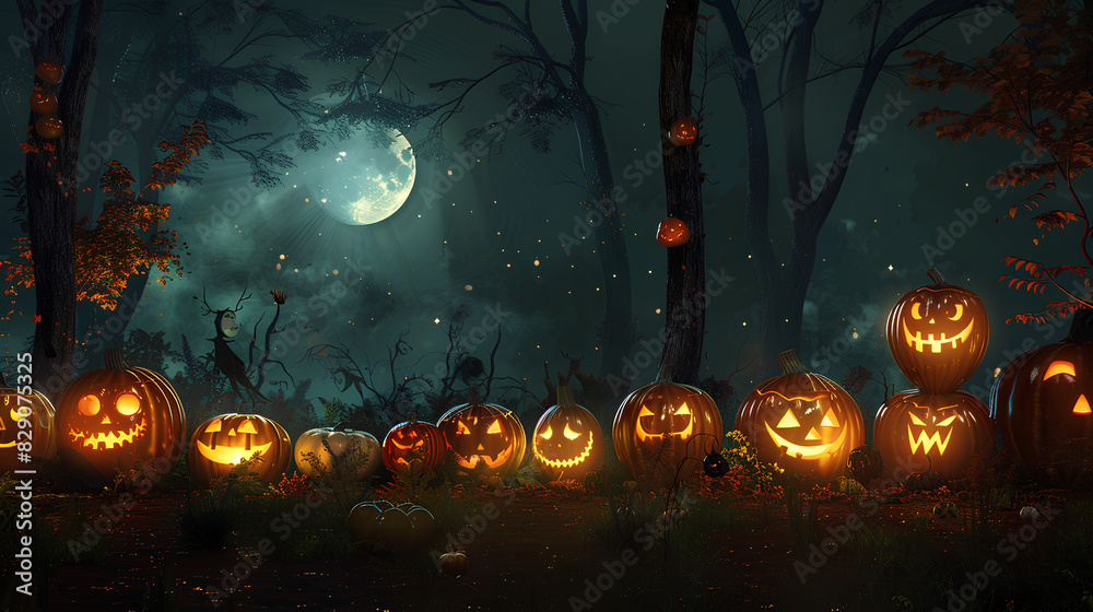 Jack-o'-Lanterns Illuminating Dark Forest Under Full Moon Jack-o'-Lanterns Illuminating Dark Forest Under Full Moon