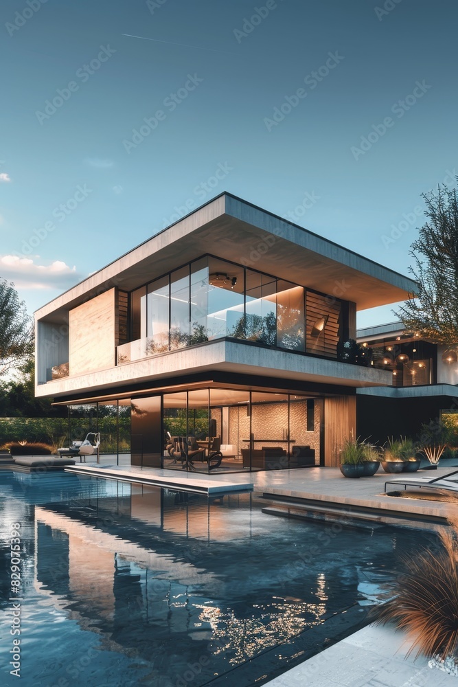 Luxurious modern house with floor, windows beside a sleek pool