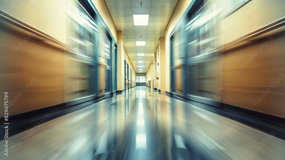 A hallway with a lot of windows and a lot of light. The hallway is very long and has a lot of space