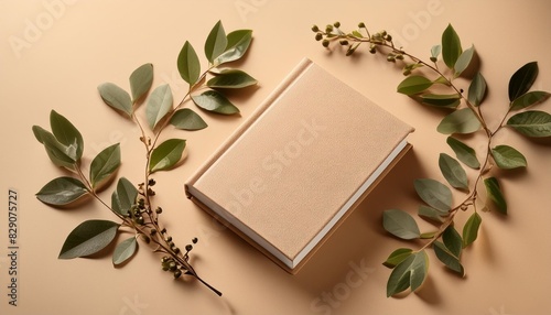 positioned on a beige background a mockup displays a closed book from a top view