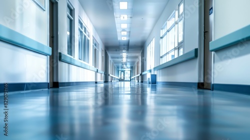 A long hallway with a blue wall and a blue floor. The hallway is empty and the light is on